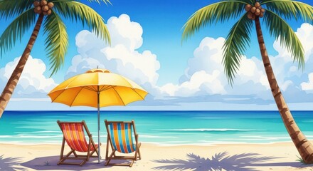 Tropical Beach Scene with Palm Trees and Ocean
