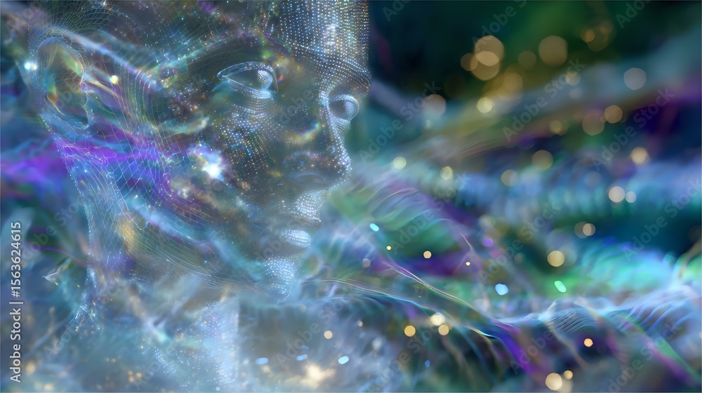 Poster ethereal abstract background with iridescent waves and sparkles in blue and purple tones, featuring 