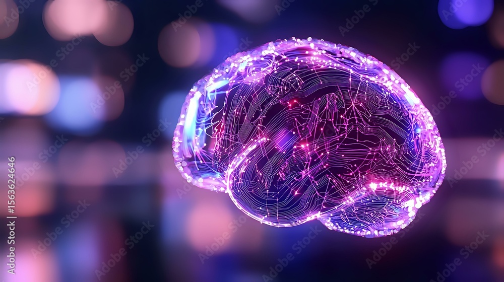 Poster glowing purple brain shape with digital circuit patterns floating on dark background with bokeh ligh