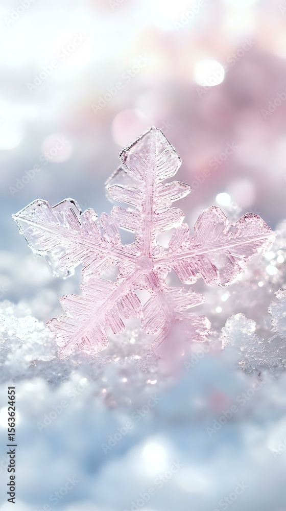Poster delicate pink snowflake crystal macro on fresh snow with soft bokeh background. natural winter frost