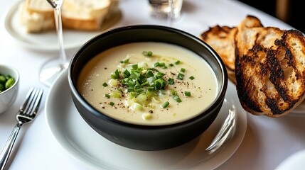 A traditional French dining scene with a bowl of Parmentier soup, turkey slices, scallions, and a side of grilled bread on a white table.