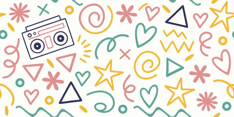 Retro 80s Boombox & Geometric Shapes Pattern