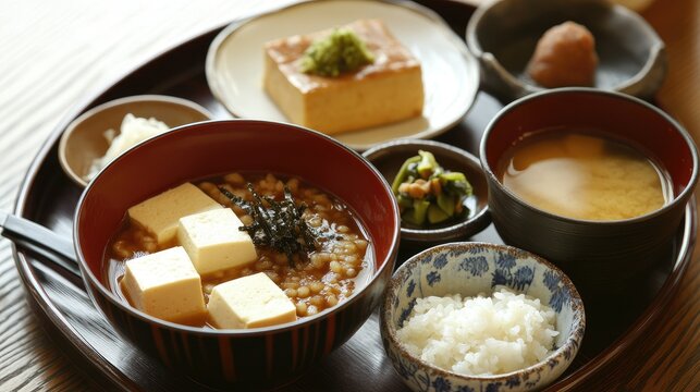 A traditional Japanese breakfast featuring miso soup, tofu, natto, and rice, beautifully arranged on a lacquer tray.