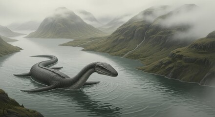 Serpentine Creature Navigates Misty Mountain Lake