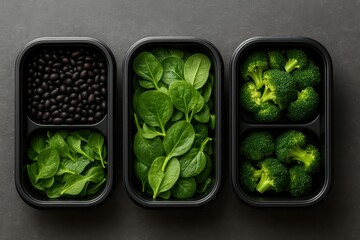 Three containers of food, one of which is filled with broccoli