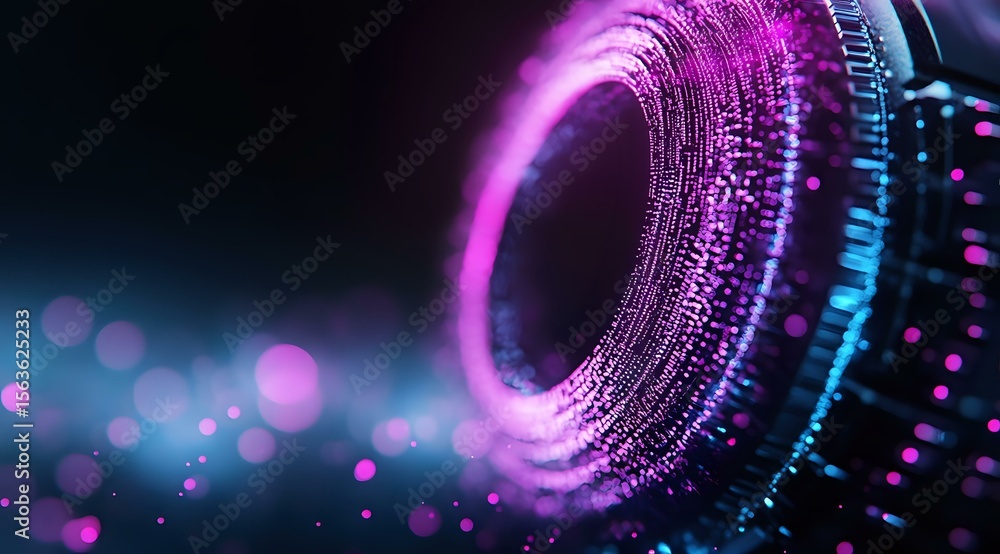 Poster glowing pink and blue digital tunnel with particle effects and bokeh lights creating futuristic tech