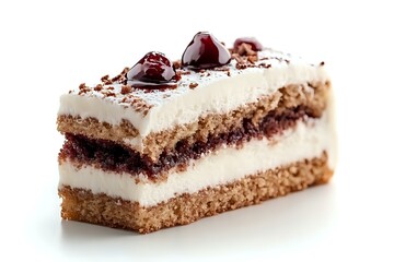 Layered chocolate and vanilla cream cake slice with cherry topping and chocolate shavings on white background, macro food photography for menu and advertising.