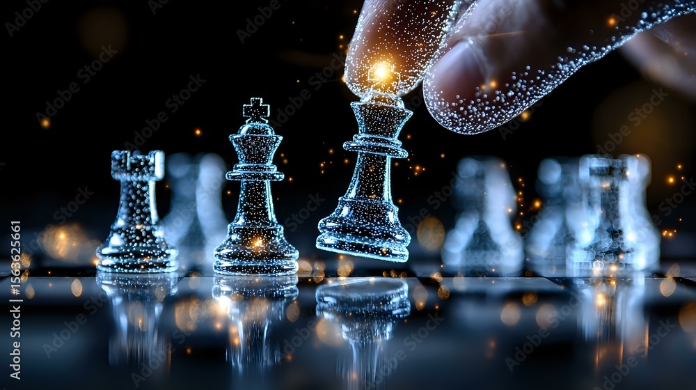 Poster glowing chess pieces on dark reflective surface with magical sparkles and finger touching king piece