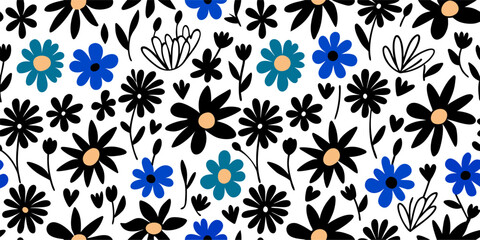 Seamless Floral Pattern: Black, Blue & Teal Flowers