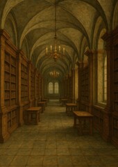 Fototapeta premium Vintage library with wooden shelves.