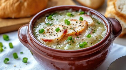 A warm and inviting bowl of French Parmentier soup, with a perfect blend of creamy onion base, turkey slices, and fresh green onions.