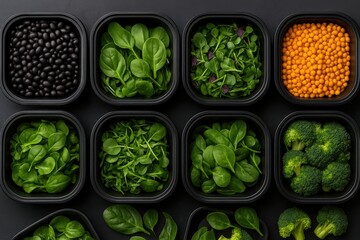 Row of plastic containers filled with various vegetables including broccoli