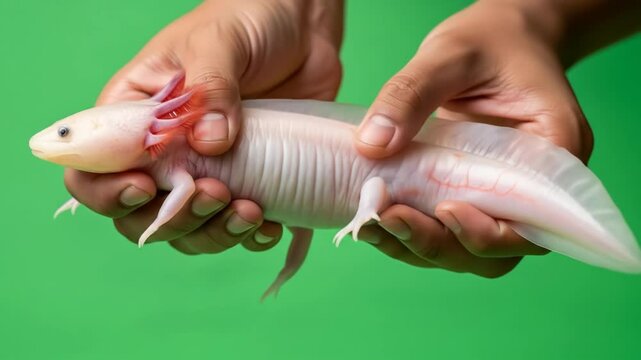Gently Holding Albino Axolotl