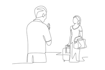 Room boy welcomes guests. Checking into a hotel concept one-line drawing