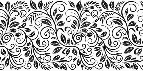 Black and White Floral Swirl Pattern Seamless Border