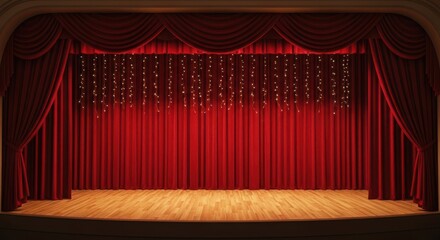 Elegant Red Theater Stage with Sparkling Lights and Wooden Floor