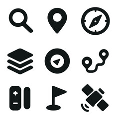 Map Exploration Icons. Solid, filled icons set of map exploration: magnifying glass, location pin, compass,