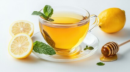 A warm cup of herbal green tea infused with mint and lemon, with a drizzle of honey on the side, placed on a white background.