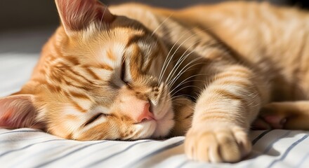 Orange tabby cat peacefully sleeping on a striped surface, bathed in sunlight.