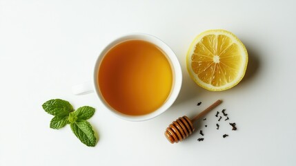 A warm cup of herbal green tea infused with mint and lemon, with a drizzle of honey on the side, placed on a white background.