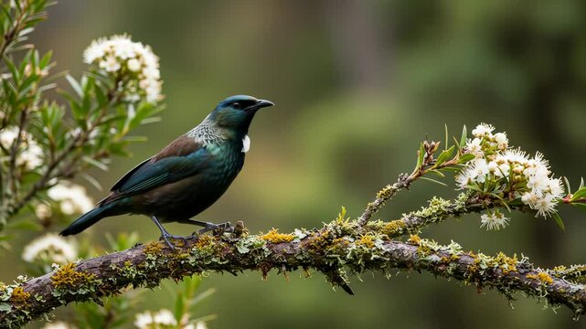 Tui Bird Perched Gracefully Among Manuka Blossoms in New Zealand Wilderness.