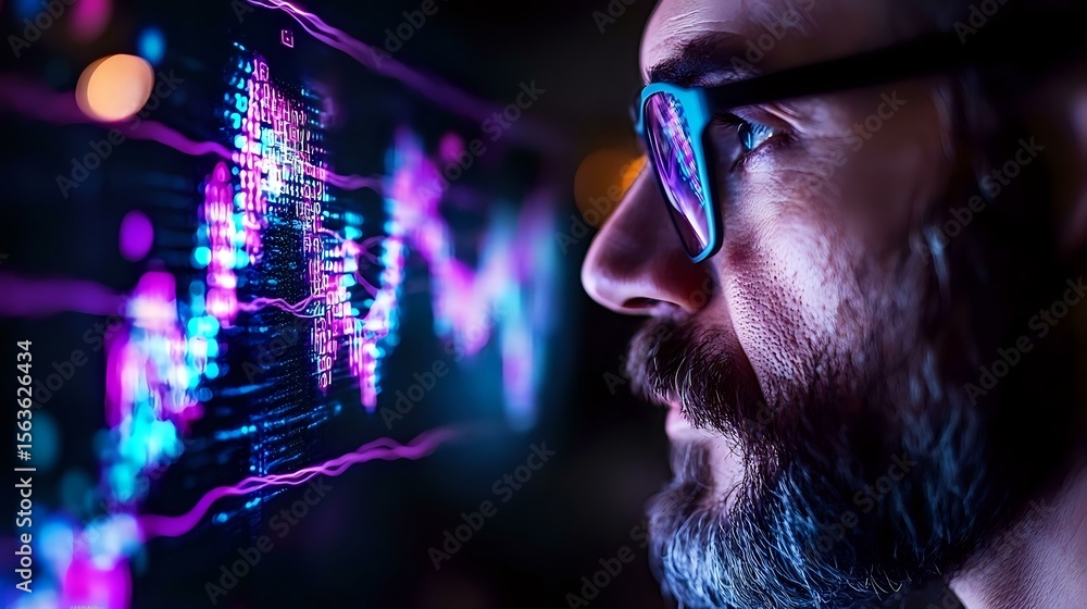 Poster side profile of bearded programmer in glasses looking at glowing computer code display with purple a