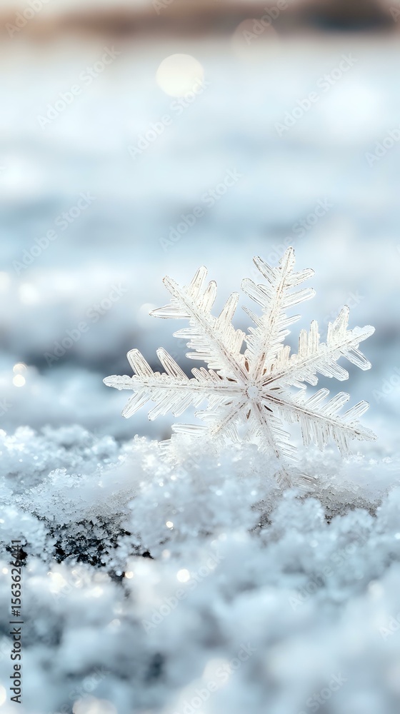Poster delicate snowflake crystal with intricate patterns resting on fresh snow surface, captured in macro 