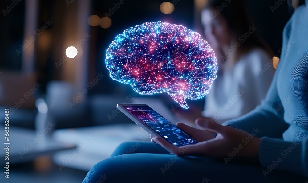 Poster digital hologram of glowing brain floating above smartphone screen while person uses mobile device i