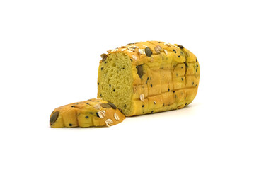 Sliced Pumpkin Bread with Mixed Grains on White Background