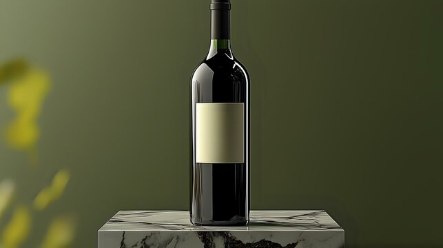 Full wine bottle with blank label on marble surface against dark green background, elegant minimalist composition for wine industry marketing and branding. - Powered by Adobe