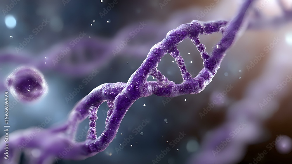 Aufkleber purple glowing dna helix strand with genetic code structure floating in microscopic space, scientifi