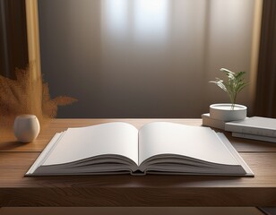 open white book on wooden table 3d rendering with space for reading or design themes