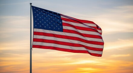 American Flag Waving in the Sunset Sky