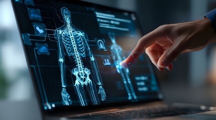 Futuristic medical interface showing digital skeleton scan with interactive touch control. Modern healthcare technology visualization on screen with glowing blue graphics.