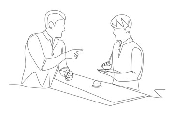 Male guest wants to check in at the reception. Checking into a hotel concept one-line drawing