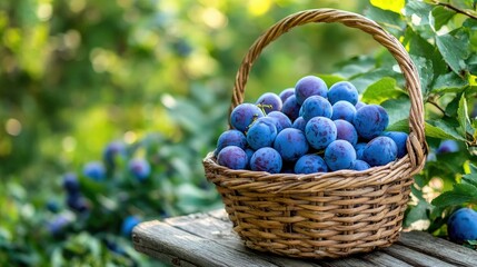 A wicker basket filled with juicy, ripe blue plums sitting on a vintage wooden table in a lush green garden. Organic summer fruit harvest.