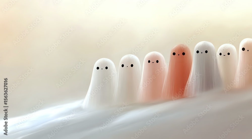 Aufkleber cute minimalist ghost characters in pastel colors standing in row on misty surface, creating playful