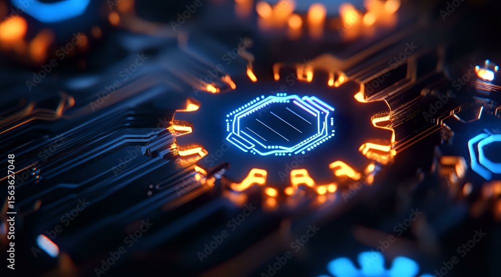 Poster glowing blue microchip processor with orange light rays on dark circuit board background, futuristic