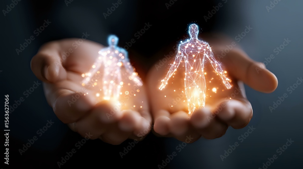 Poster glowing holographic human figures floating above open palms against dark background, representing di