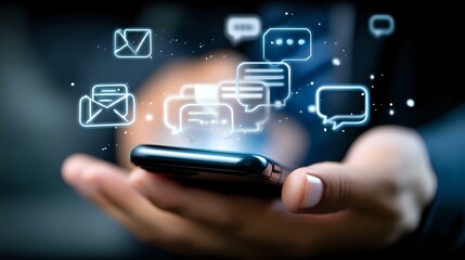 Hand holding smartphone with glowing message and chat icons floating above screen, illustrating modern digital communication and mobile messaging technology.