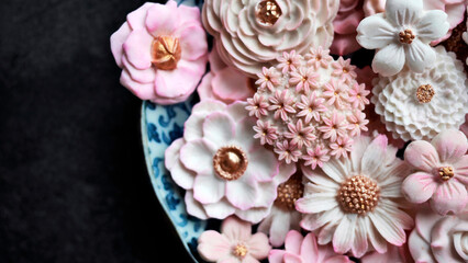 Sam Pan Nee, Thai dessert in pastel pink color tone with various flower shaped, Coconut milk flavor taste, Authentic Thai traditional handcraft snack in Dark background