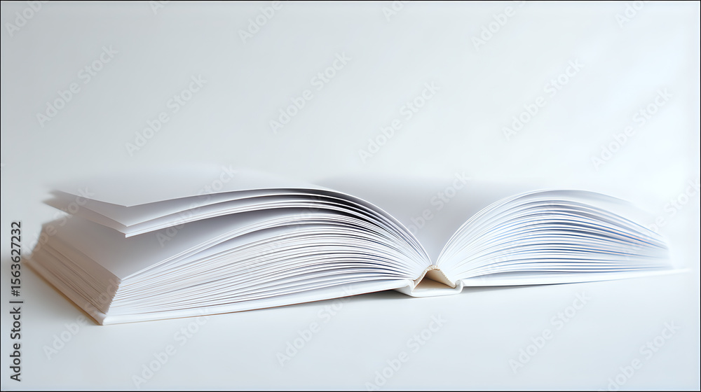 Poster open book with blank white pages spread out against light background, creating minimalist compositio