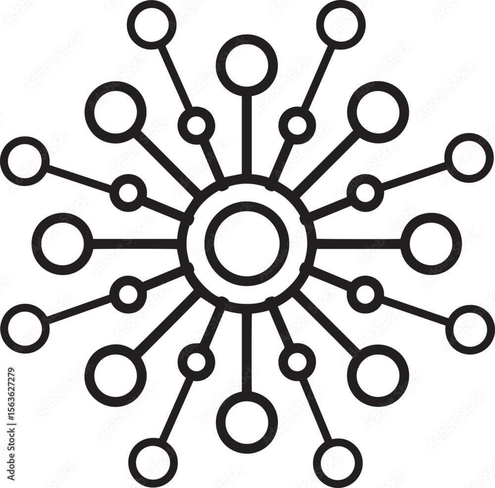 Poster abstract hub spoke, data hub symbols, centralized node design, abstract tech icons, digital connecti