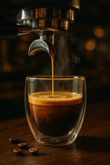 Close-Up of Fresh Espresso Shot Pouring from Machine into Double-Walled Glass Cup with Steam Rising