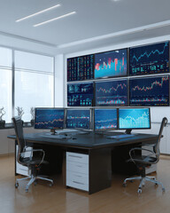 Modern Office Setup with Multiple Screens Displaying Stock Market Charts