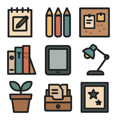 Modern Home Office Icons. Solid, filled icons set of creative home office: sketchpad, color pencils, corkboard