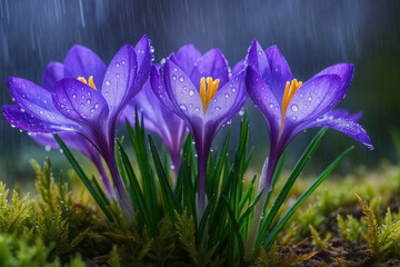 Group of purple flowers with droplets of water on them