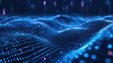 Abstract blue curved wave lines with a glowing light trail, high-tech digital background, minimalistic futuristic design with space for branding
