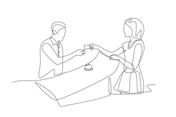 The receptionist gives the room key to the female guest. Checking into a hotel concept one-line drawing