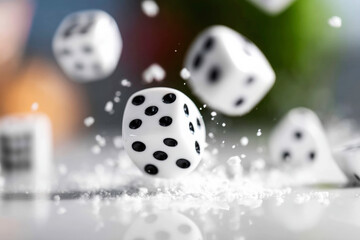 Black and white dice cubes falling on white surface with dynamic motion and high contrast shadows